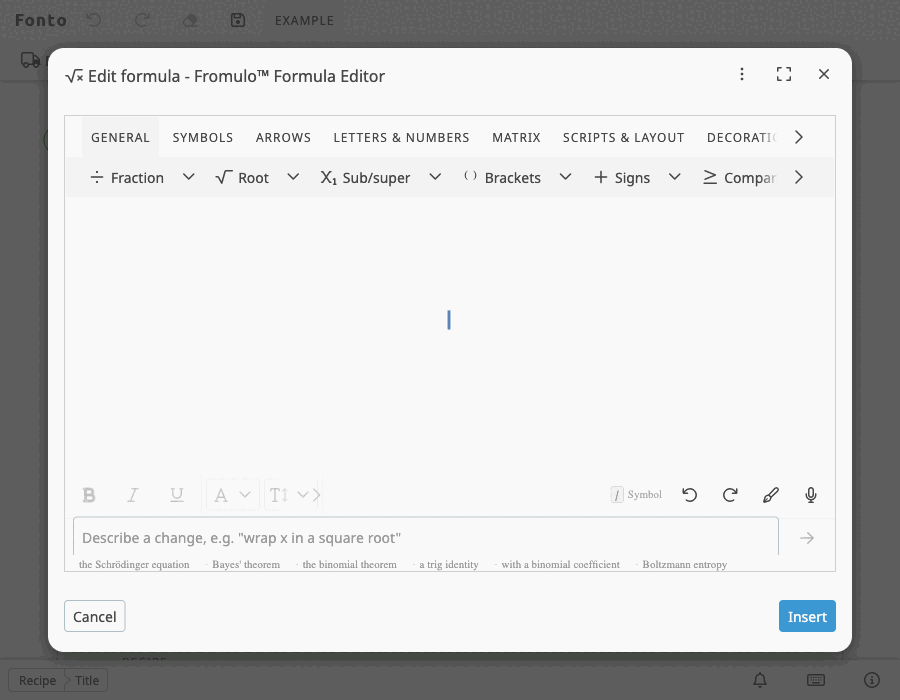 Building a formula using toolbar buttons and symbol search