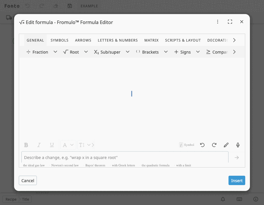 Fromulo editor demo showing toolbar, symbol search, and AI-powered formula generation